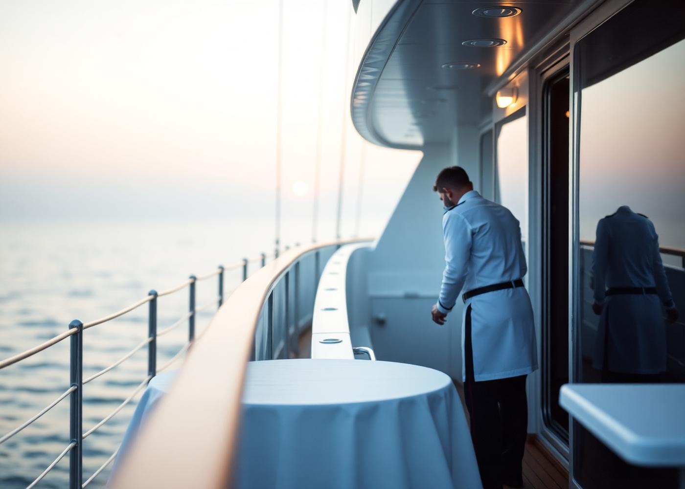 A crew member preparing a table on the aft deck at first light