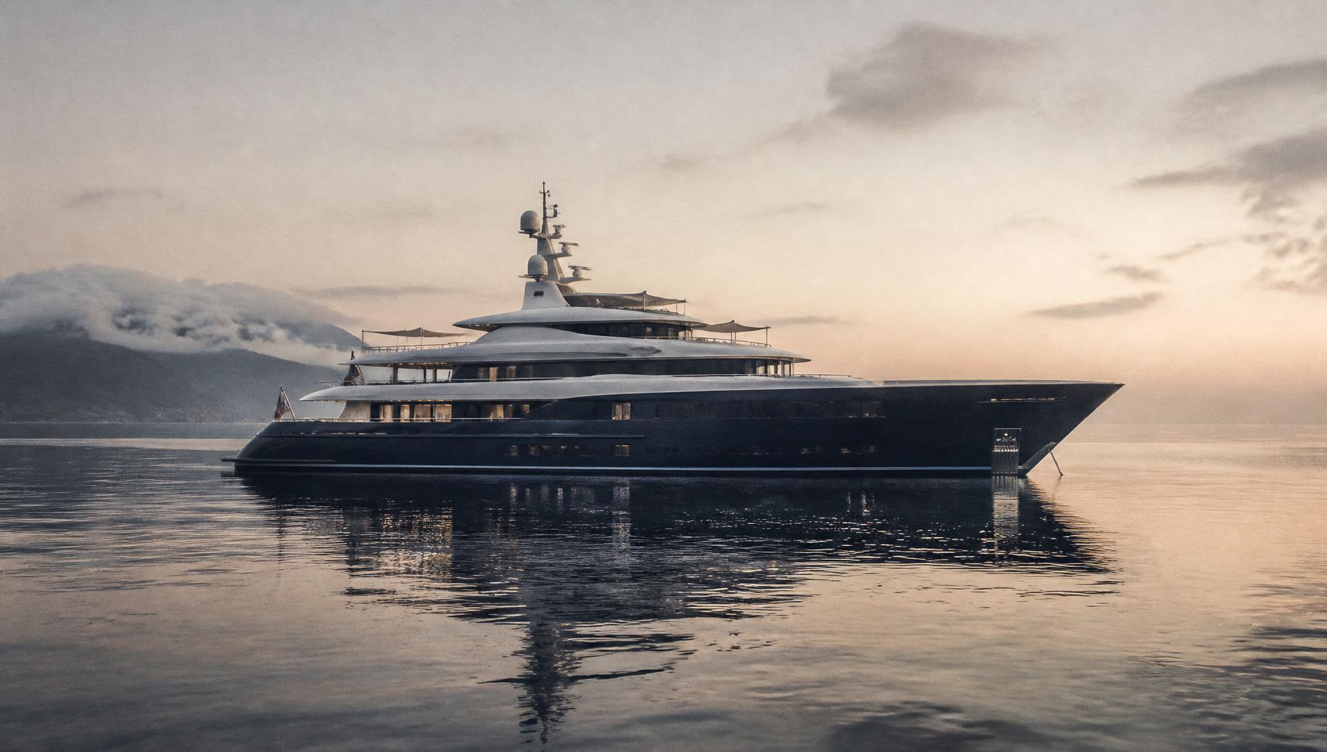A contemporary superyacht at anchor on calm open water at dawn