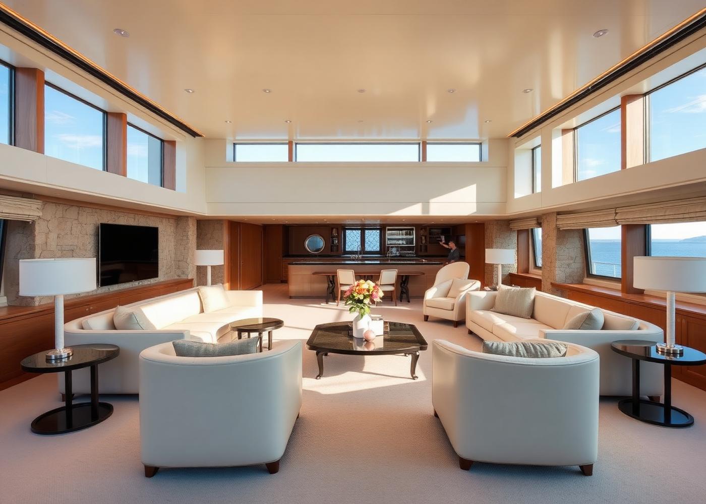 Refined superyacht salon interior in ivory and warm stone tones